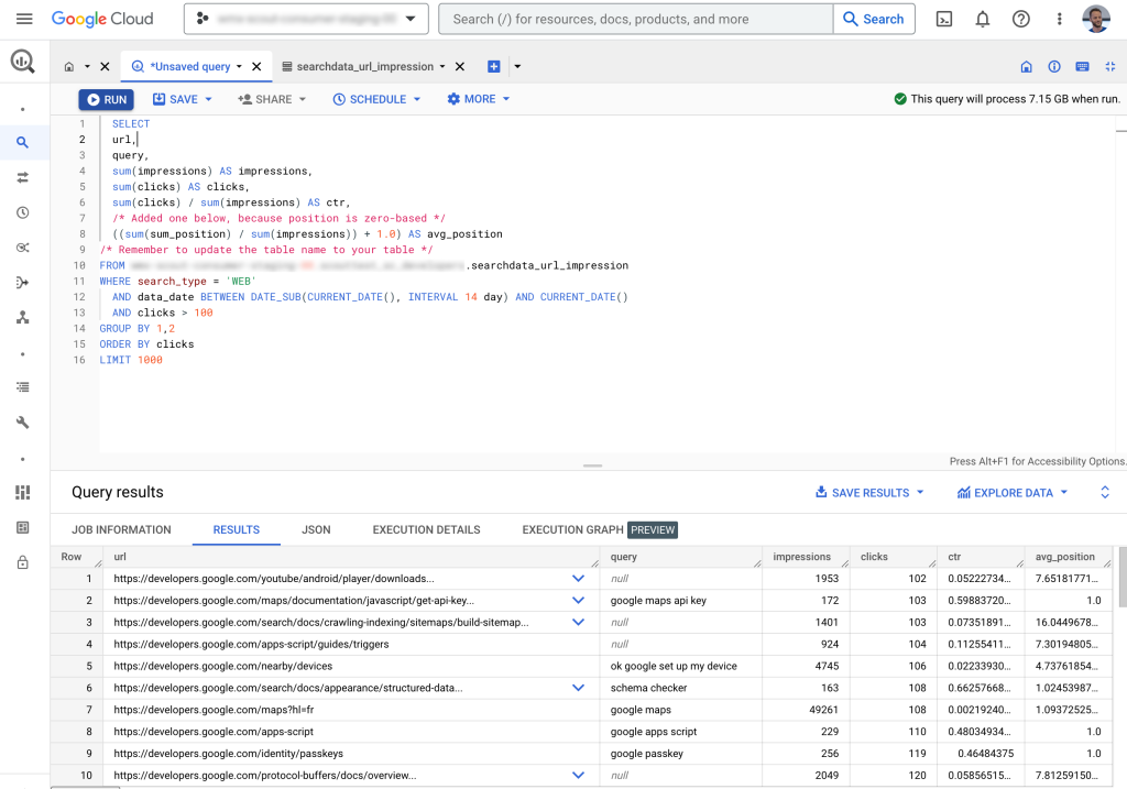 bulk data report de la google search console