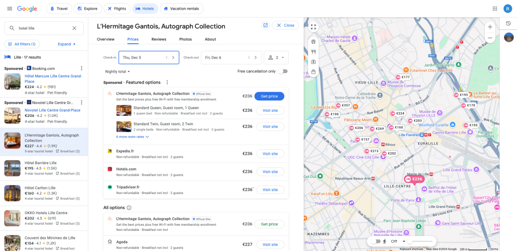 vue de google hotel ads depuis Google Travel