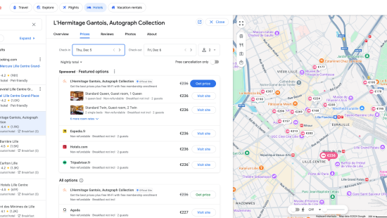 vue de google hotel ads depuis Google Travel